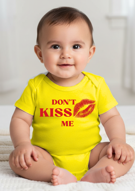 Baby's Yellow Romper with Printed a Design "Don't Kiss Me"