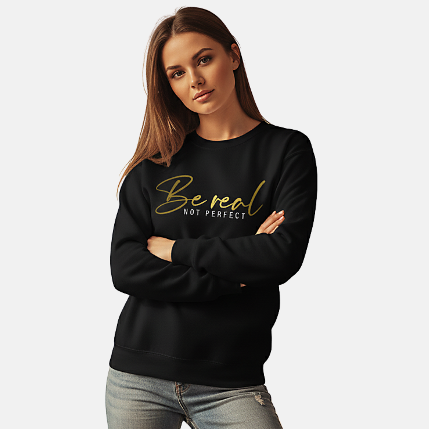 RoMan Creations "BeRealNotPerfect" Graphic Black Crewneck Sweatshirt
