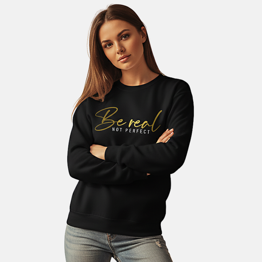 RoMan Creations "BeRealNotPerfect" Graphic Black Crewneck Sweatshirt