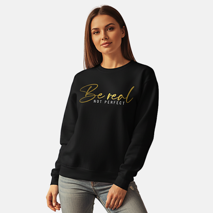 RoMan Creations "BeRealNotPerfect" Graphic Black Crewneck Sweatshirt