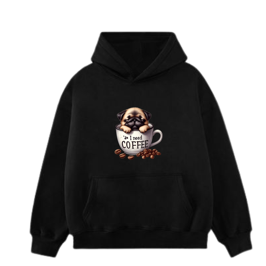 Black Hoodie with Pug Coffee Graphic Print