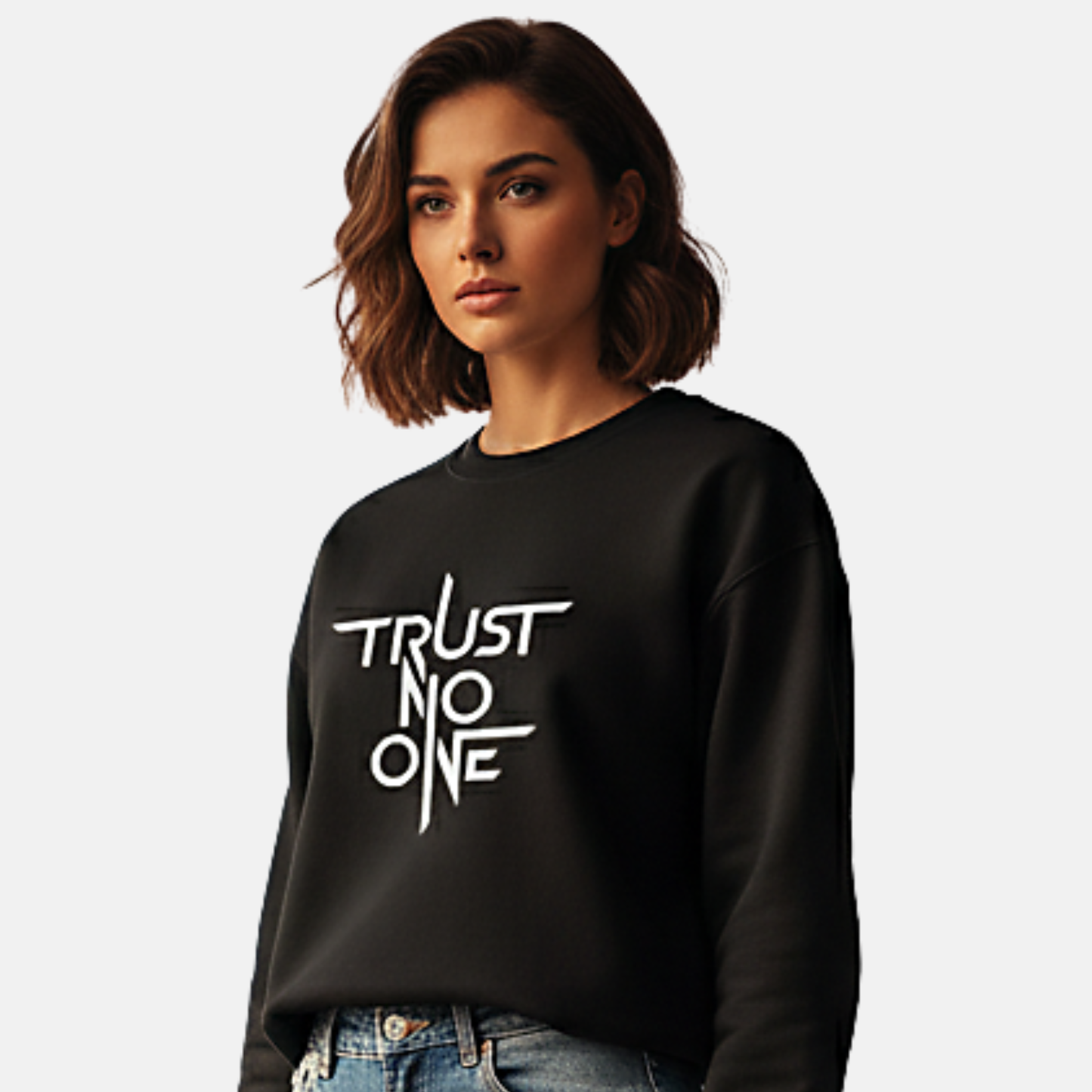 RoMan Creations "Trust No One" Graphic Black Crewneck Sweatshirt