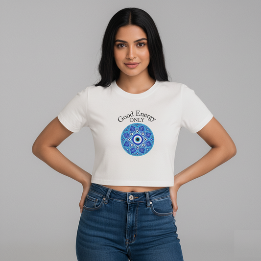 Woman wearing a white t-shirt with a blue and white design and text on a gray white